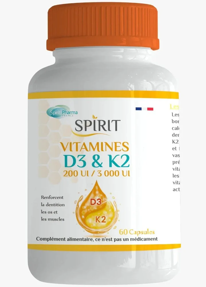 Spirit Vitamines D3 & K2 60 Capsules Synergie Os Immunité Calcium